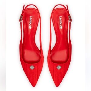 Larroude Red Pointed Slingback Heels with Crystal Detail